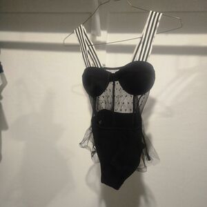 Black Sheer Bodysuit with Striped Straps